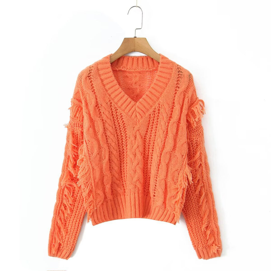 Pull en maille épaisse pour femme avec décolleté en V profond et franges Chic & Stil