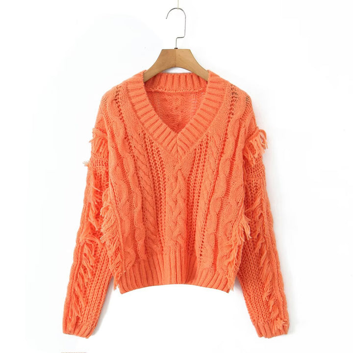 Pull en maille épaisse pour femme avec décolleté en V profond et franges Chic & Stil