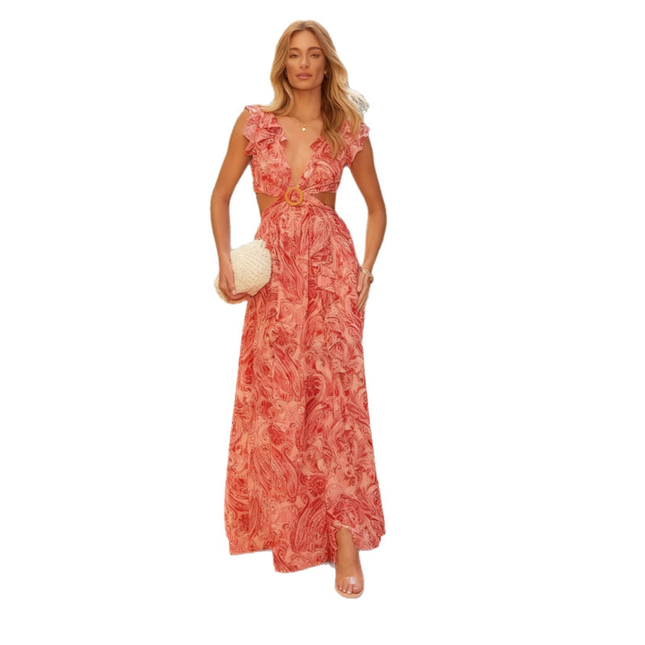 Maxi dress for women with voluminous ruffles and a deep slit Chic & Stil