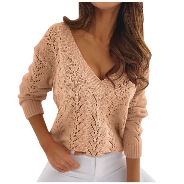 Knit sweater for women with V-neck and delicate pattern Lune London