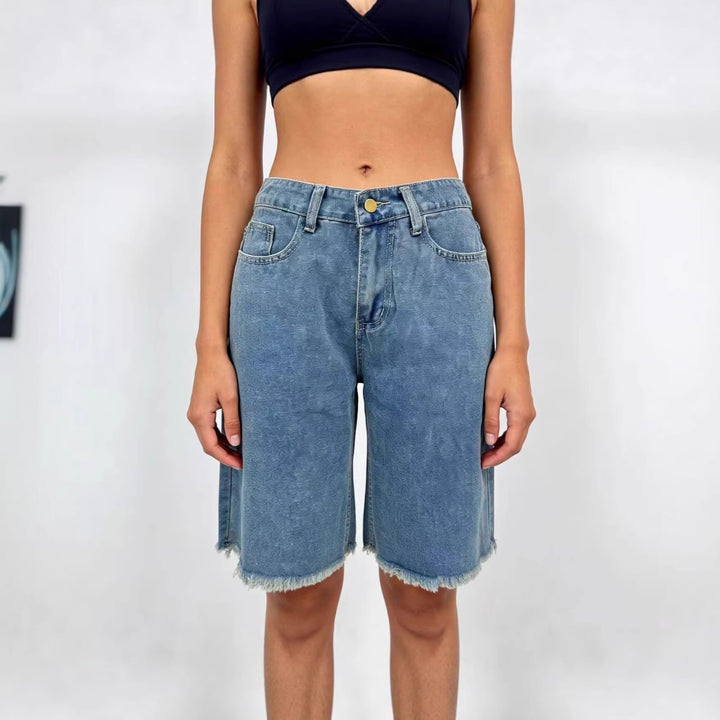 Women's Casual Denim Shorts with Frayed Hem and High Waist Lune London