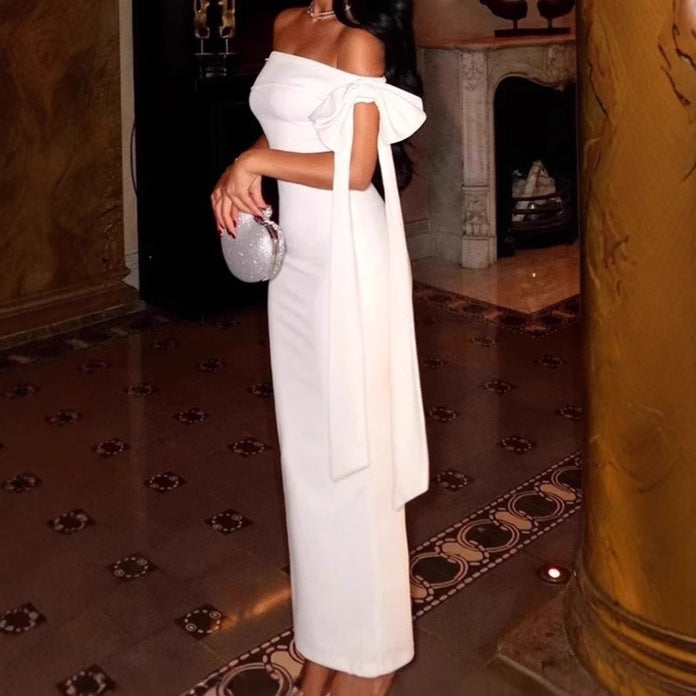 Elegant off-shoulder maxi dress for women with a sculpting fit and a flowing hem Lune London