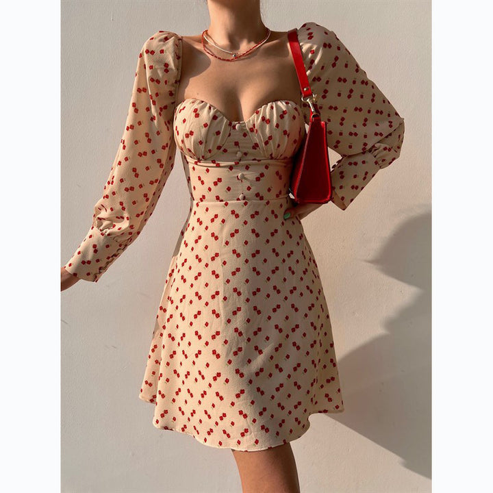 Women Puff Sleeve Dress with Romantic Floral Pattern and Heart-Shaped Neckline