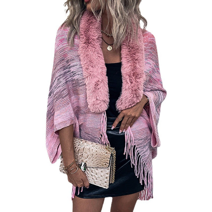 Elegant poncho for ladies with luxurious faux fur collar and fringed hem Lune London