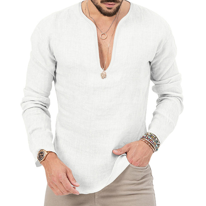 Men's casual linen shirt with deep V-neck and comfortable fit Lune London
