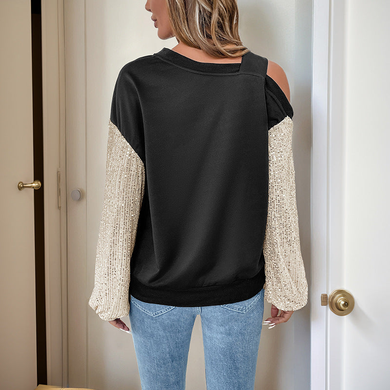 Pull féminin dénudé des épaules avec des manches en sequins glamour Chic & Stil