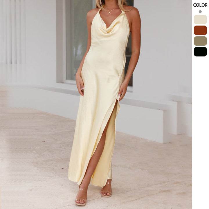 Women Elegant Long Dress with Chic Waterfall Neckline and High Slit Lune London