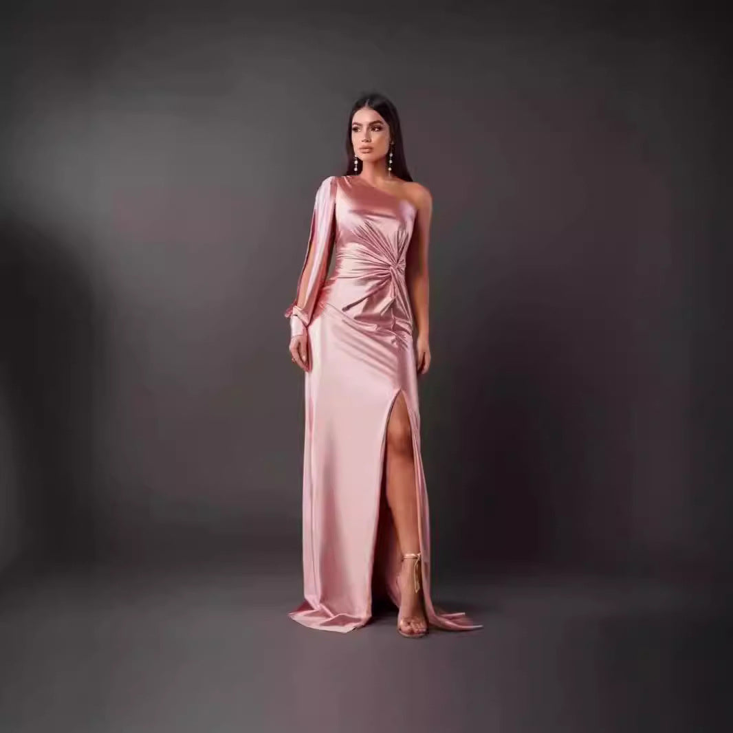 Women's Evening Dress with Asymmetric Neckline and Elegant Pleats Lune London