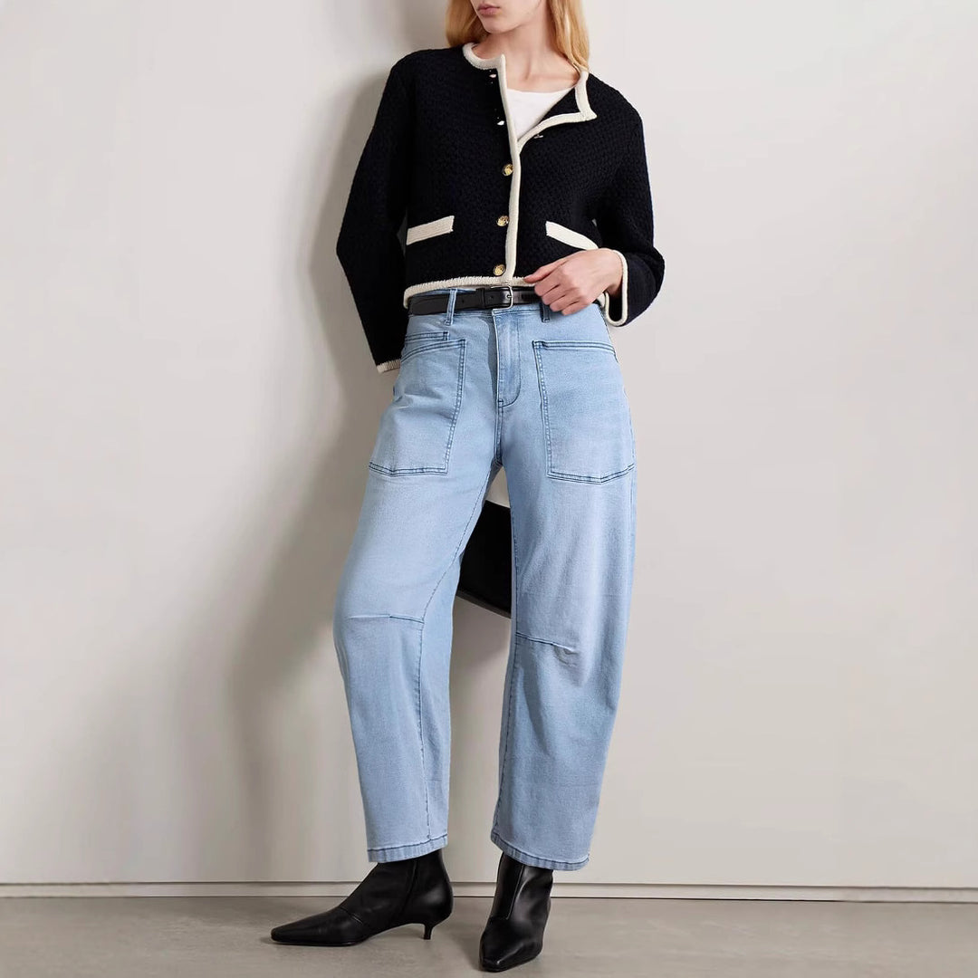 Women's mid-rise denim pants with unique patch pockets Lune London
