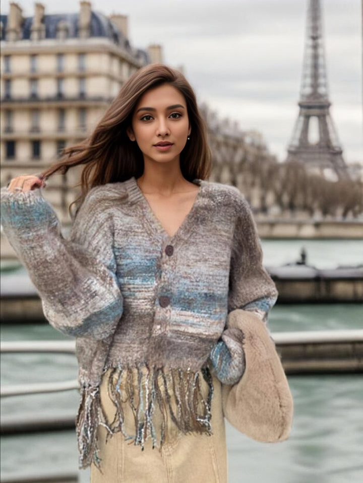 Ladies Fringe Cardigan with V Neck Lune London
