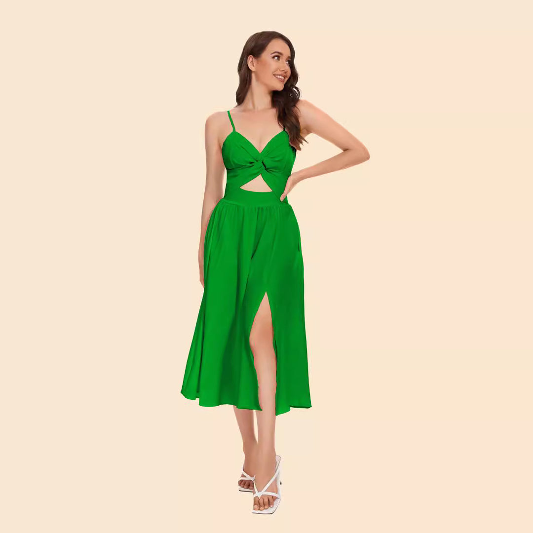 Women's two-piece ensemble with elegant knot-free blouse and flowing skirt with slit Lune London