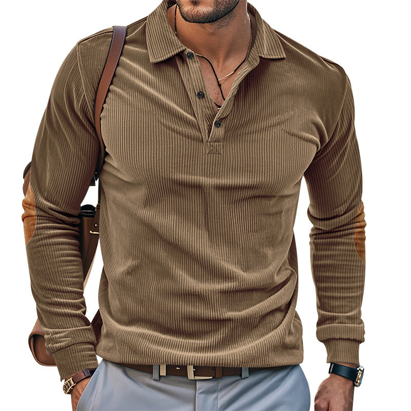 Casual long sleeve Henley T-shirt for men in textured ribbed fabric with contrasting elbow patches Lune London