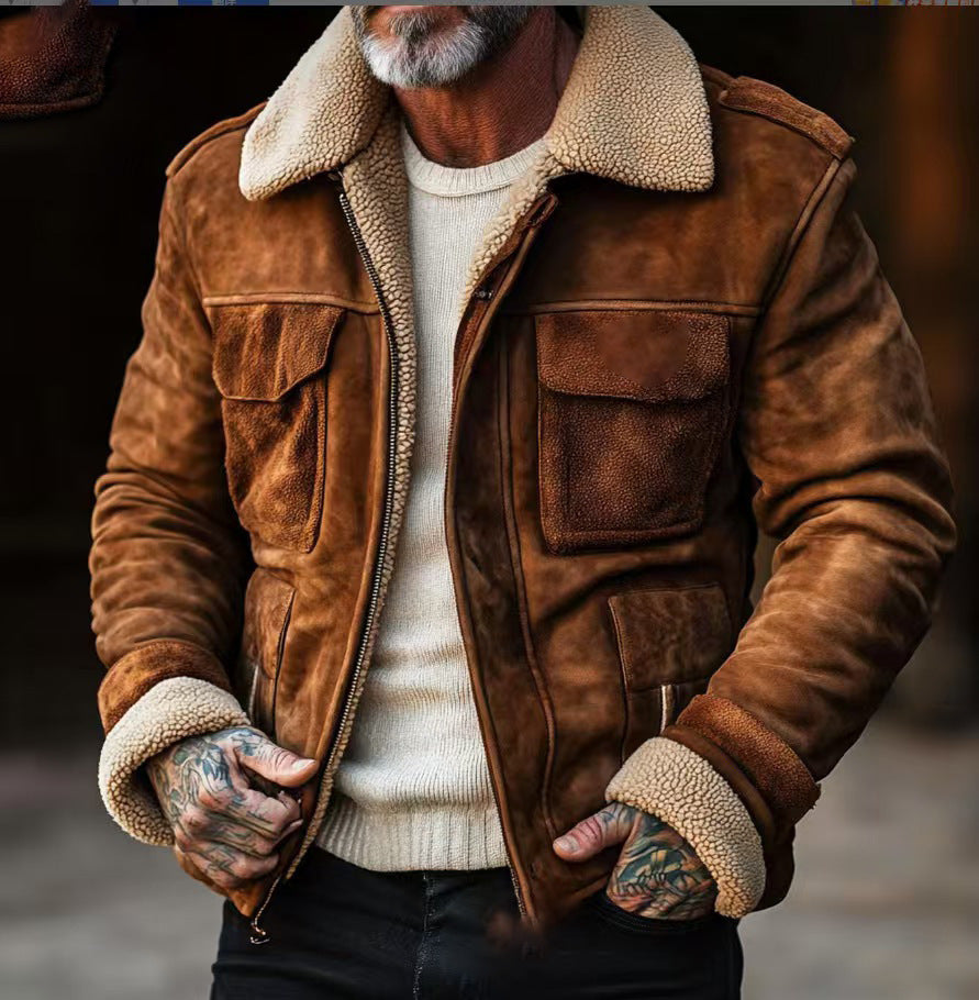 Vintage style leather jacket for men with faux fur collar and multiple pockets Lune London