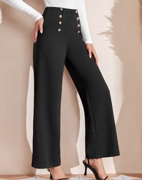 High-waisted wide-leg pants for women with decorative buttons Lune London