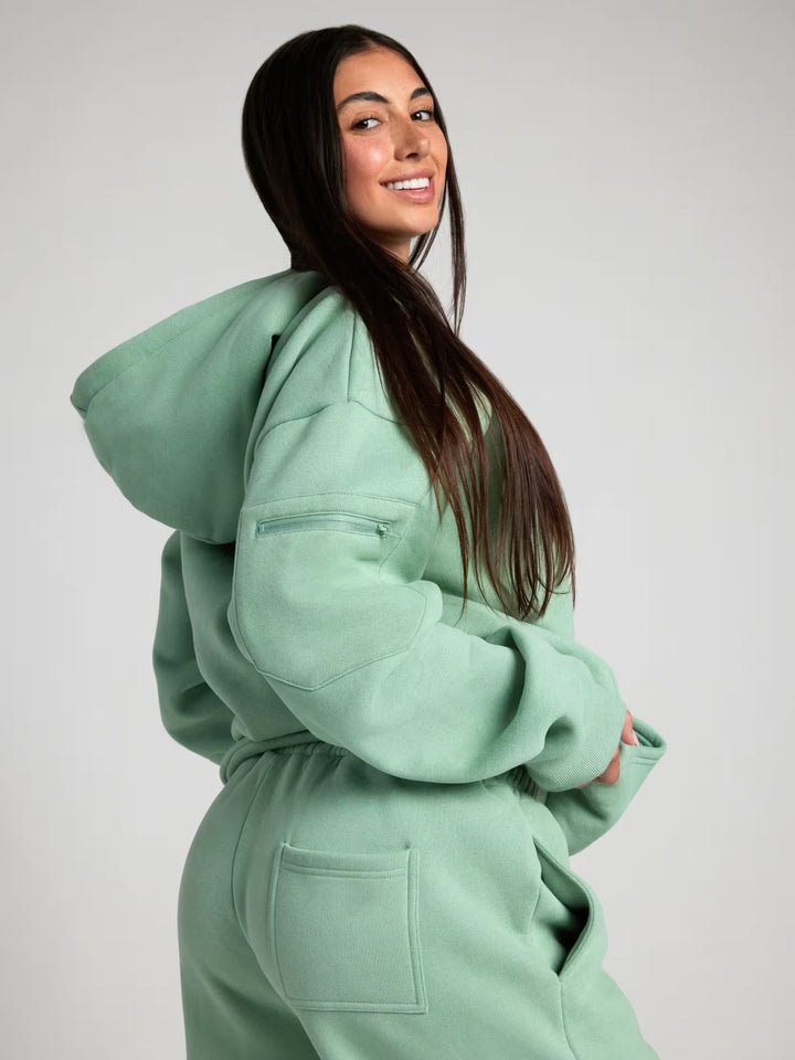 Ladies hoodie with integrated sleep mask design and soft interior Lune London