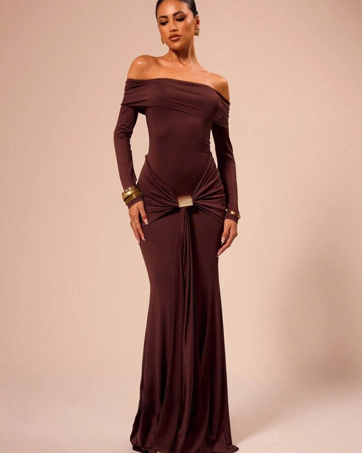 Elegant off-shoulder maxi dress for women with ruching Lune London