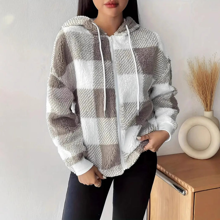 Ladies Cozy Hooded Jacket in Chic Checkered Design