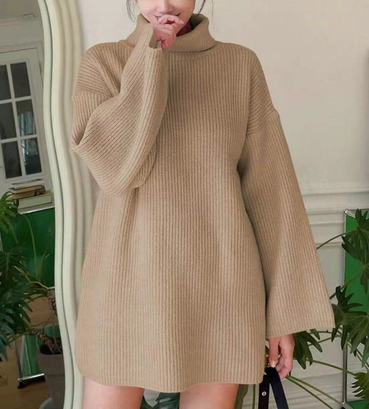 Ladies Long Knit Sweater with High Collar and Flared Sleeves Lune London
