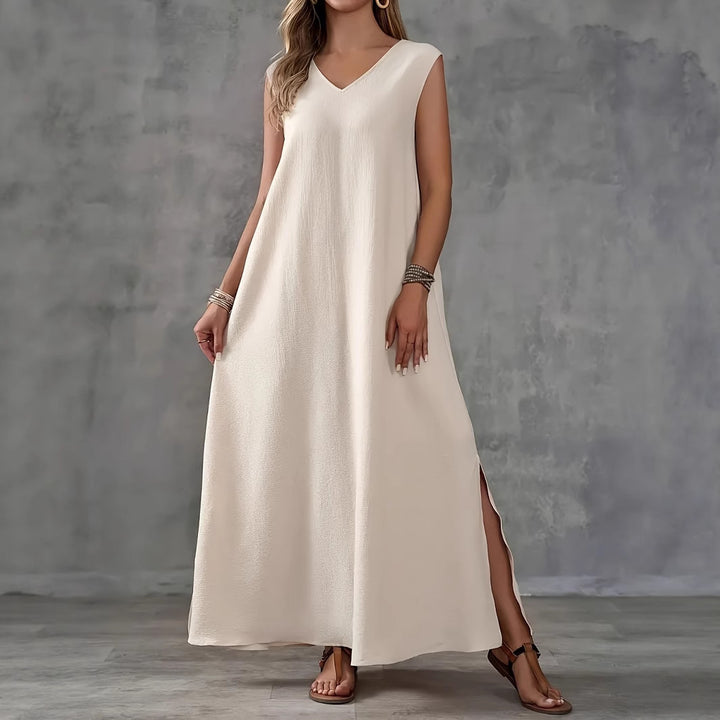 Maxi dress for women with an elegant V neckline and side slits Lune London