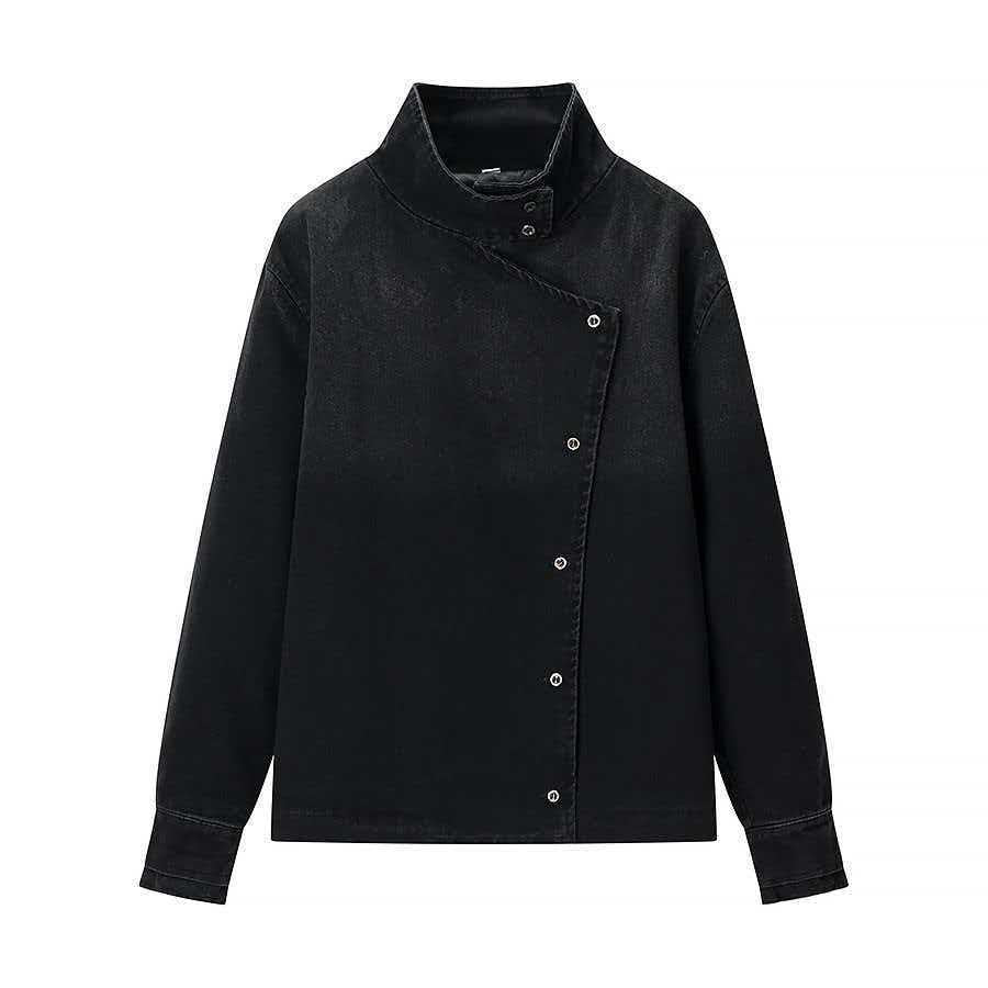 Veste en denim moderne pour femmes avec col asymétrique et boutons-pression pratiques Chic & Stil