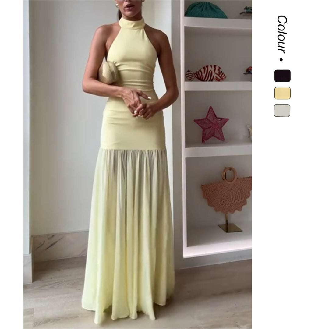 Women's maxi dress with high-neck design and flowing skirt