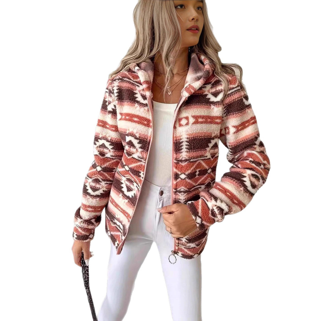Veste en polaire pour femmes avec un motif ethnique à la mode et une fermeture éclair pratique Chic & Stil