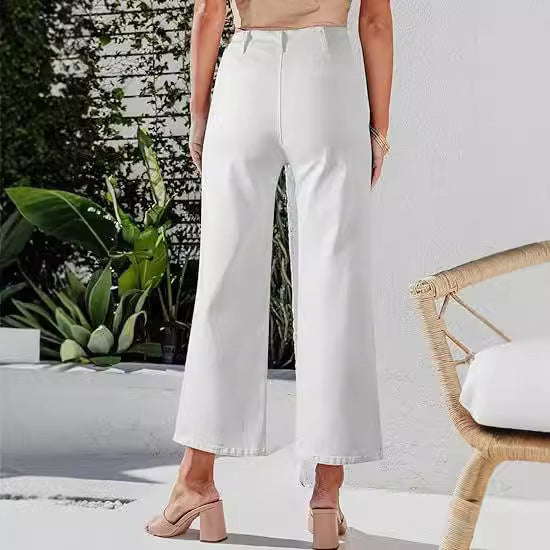 Women's High-Waist Jeans with Button Detail and Wide Leg Lune London