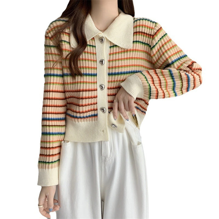 Striped knit jacket for women with stylish collar and shiny buttons Lune London