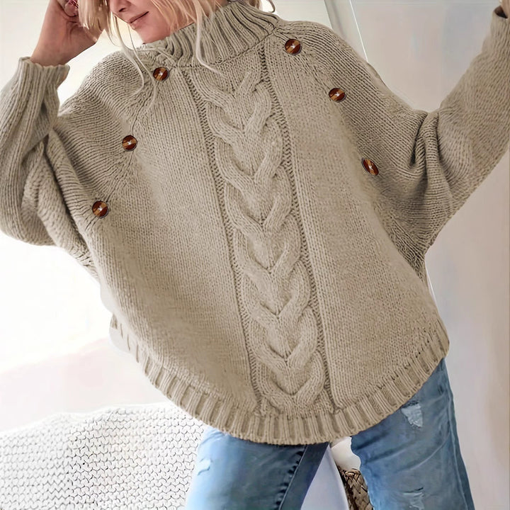 Women Loose Knit Sweater with High Collar and Decorative Buttons Lune London
