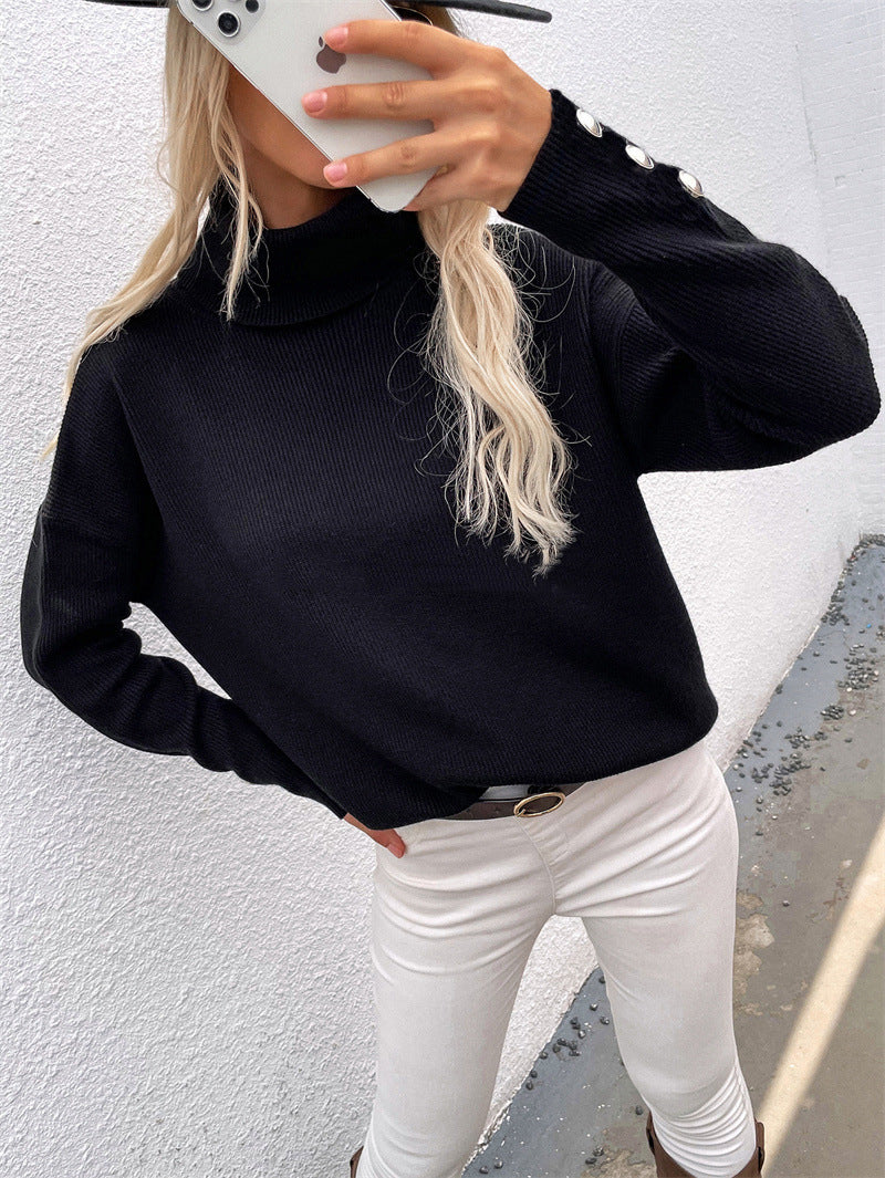 Women's turtleneck sweater with striped design and decorative buttons Lune London