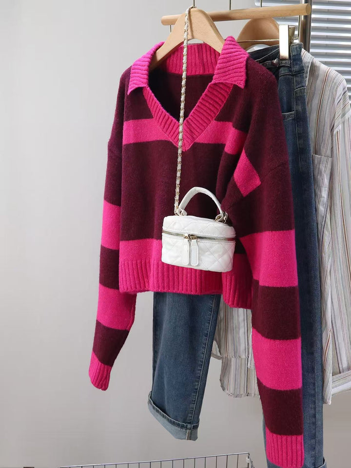 Knit sweater for women with deep V-neck and striped design Lune London