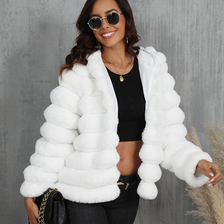 Women's faux fur hooded jacket with textured pattern Lune London