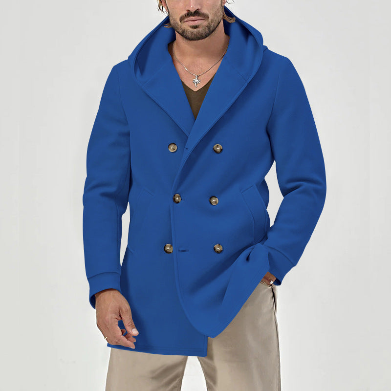 Elegant double-breasted coat for men with large hood Lune London