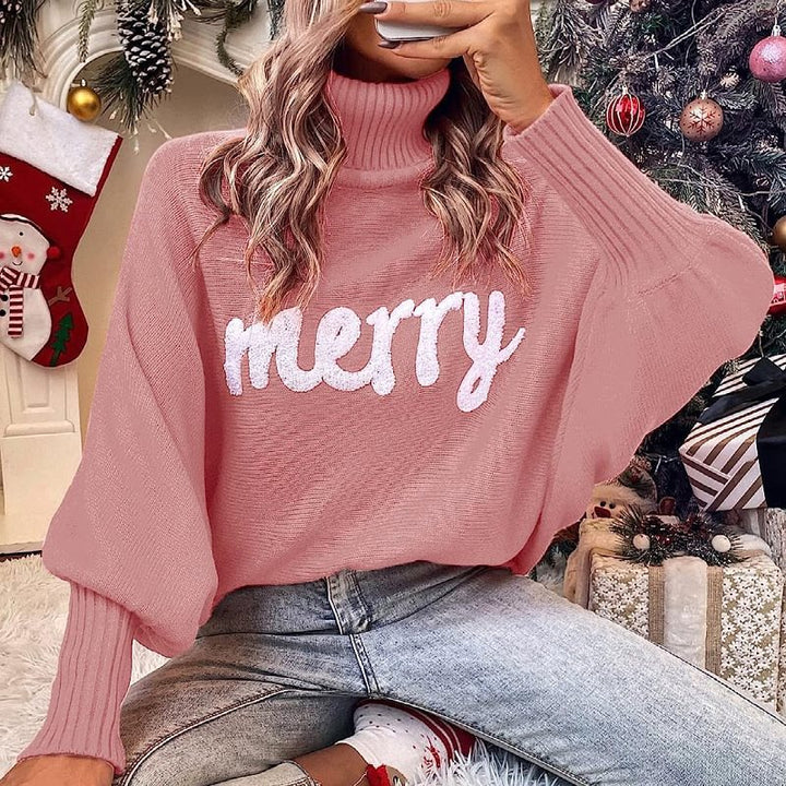 Oversized turtleneck sweater for women with festive inscription Lune London