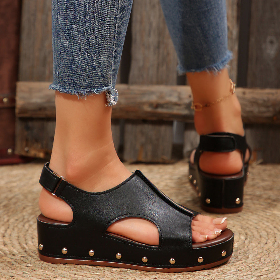 Wedge heeled sandals for women with modern cutouts and sparkling studs Lune London