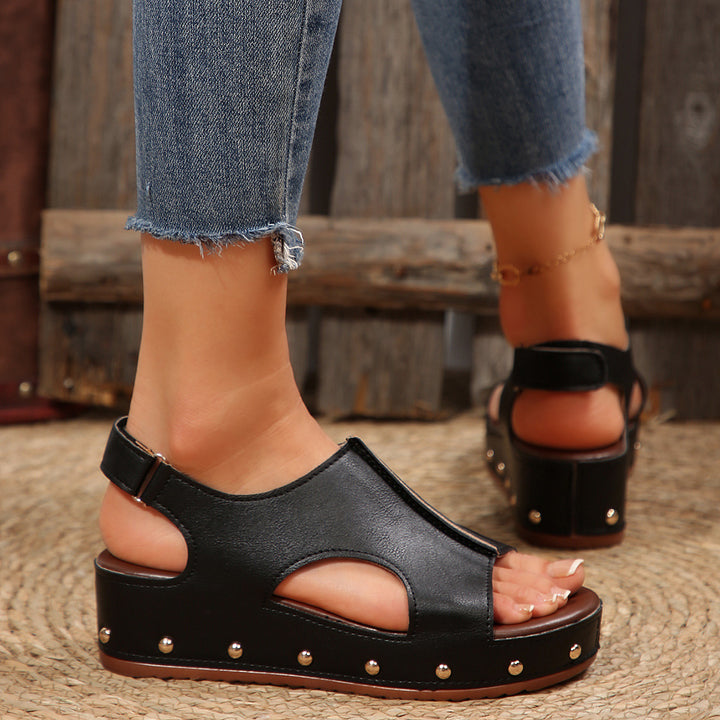 Wedge heeled sandals for women with modern cutouts and sparkling studs Lune London
