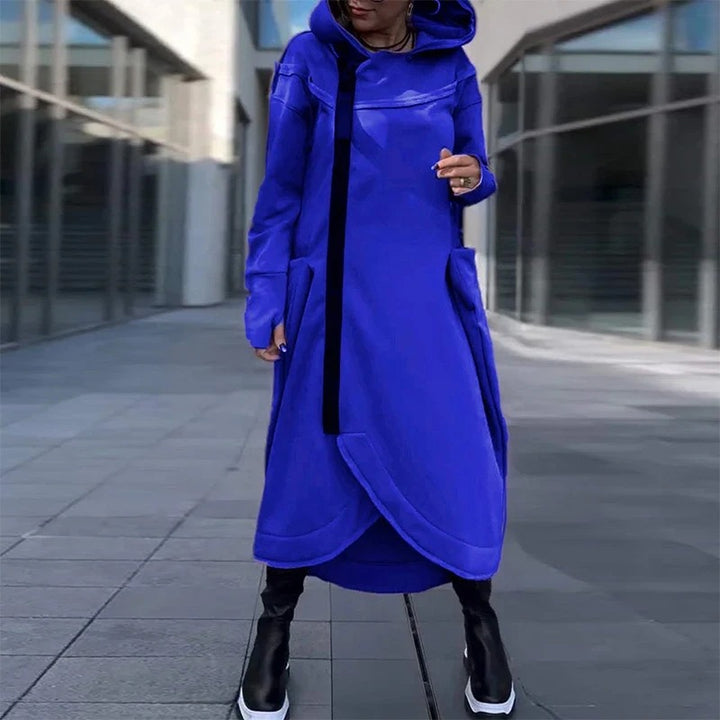 Modern women's hooded coat with side pockets and asymmetrical hem Lune London