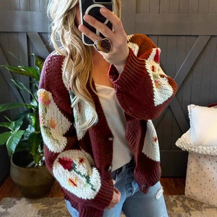 Women's knit jacket with floral pattern and decorative button design Lune London