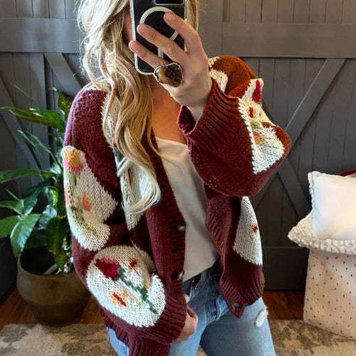 Women's knit jacket with floral pattern and decorative button design Lune London