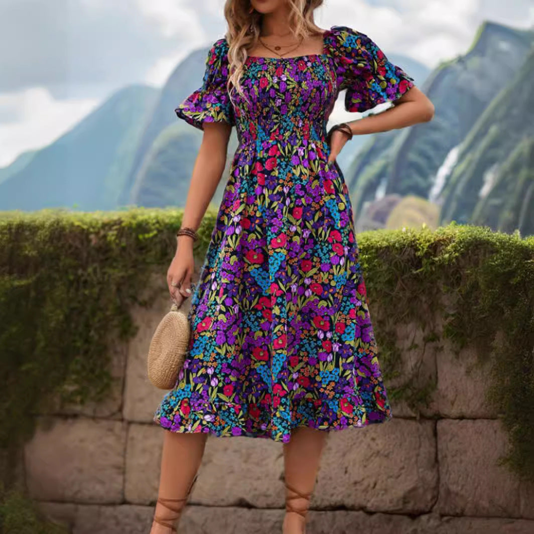 Lune London Floral Bohemian Smocked Maxi Dress for Women