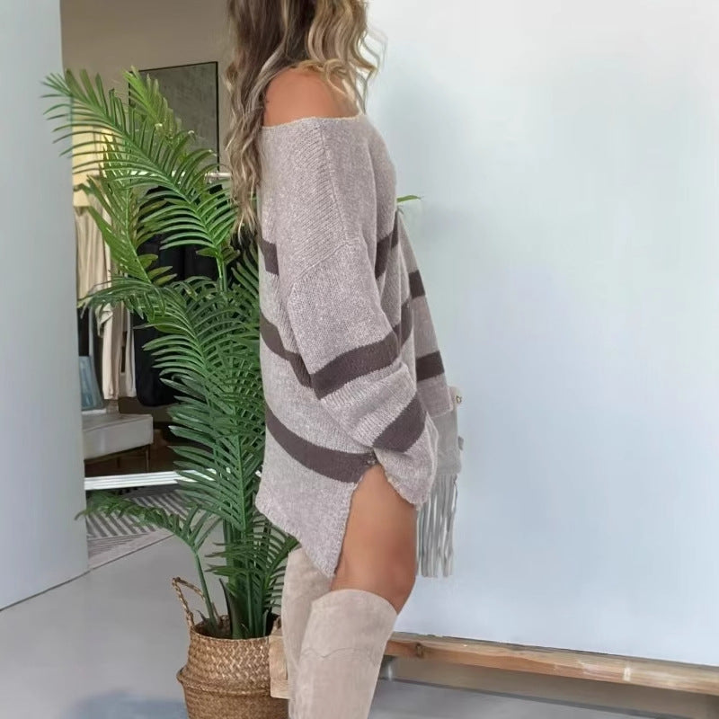 Ladies Large wool sweater with a loose fit and trendy stripe pattern Lune London