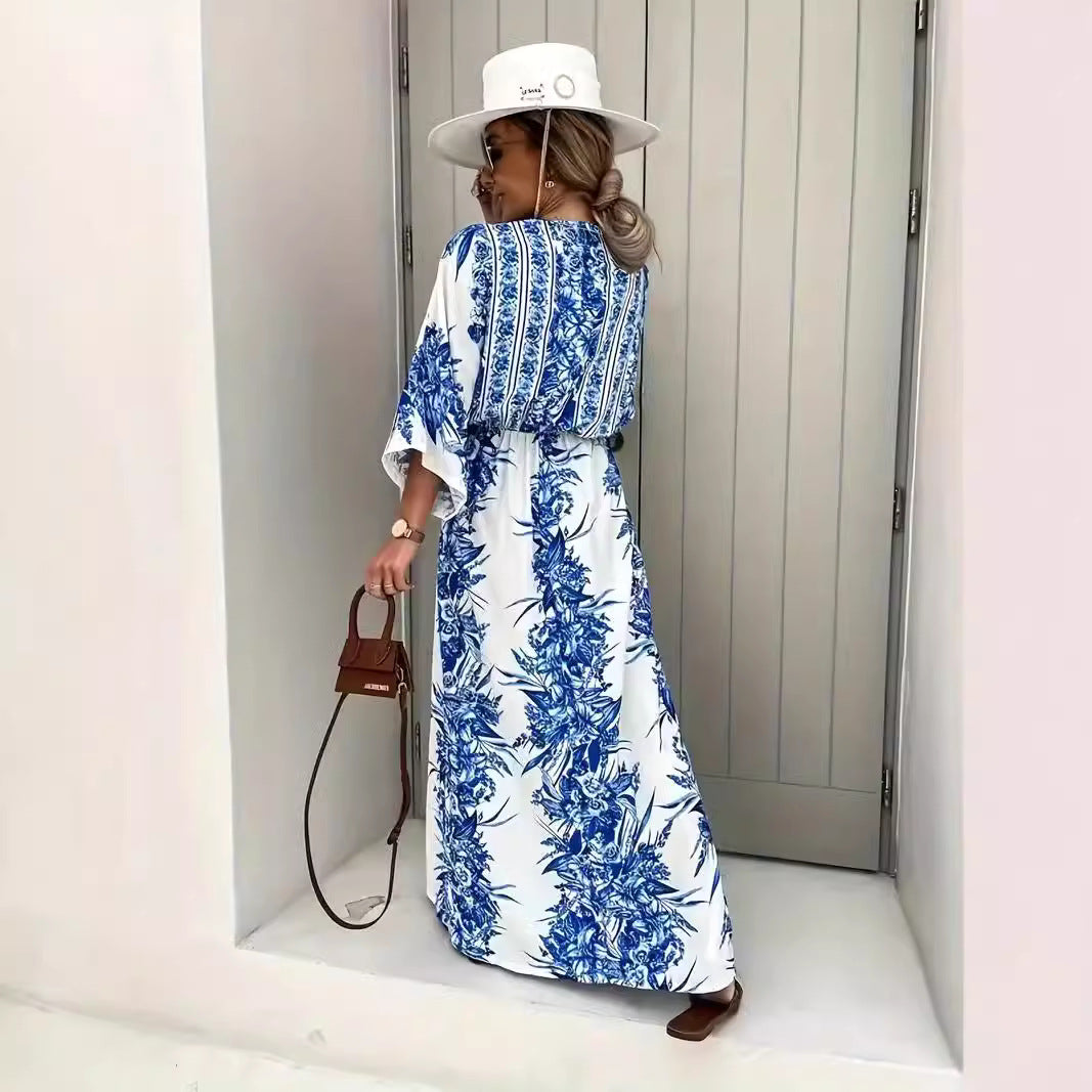 Bohemian maxi dress for women with elegant V-neck and fitted belt Lune London