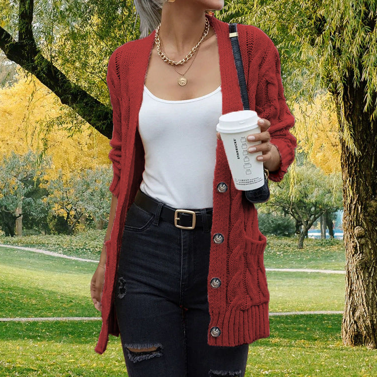 Ladies chunky knit cardigan with deep pockets and open cut Lune London