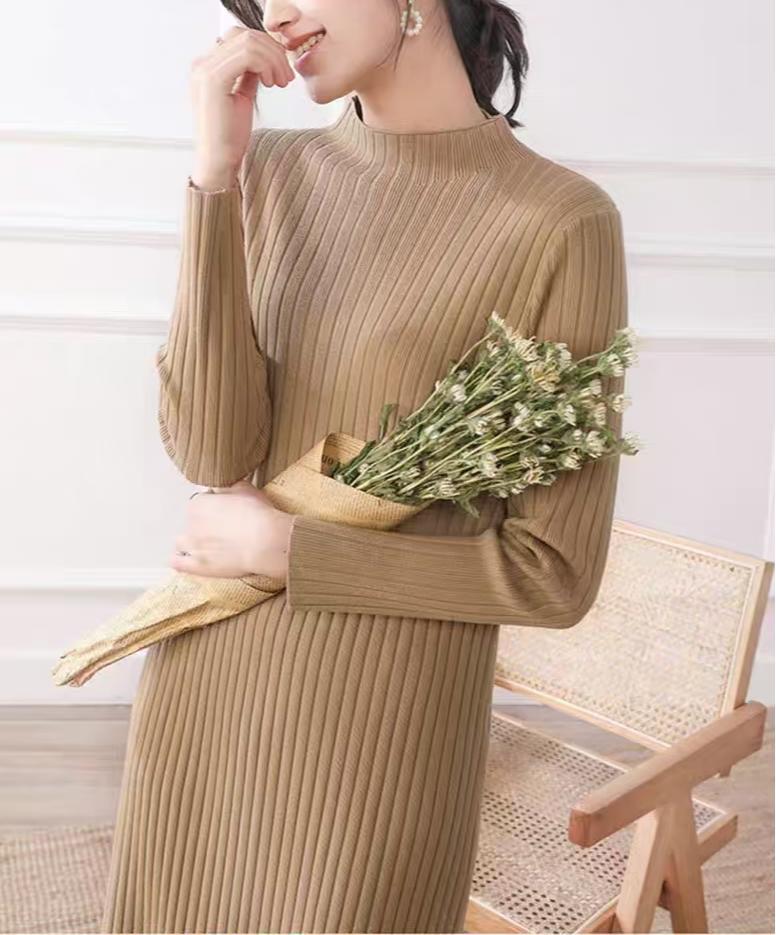 Knit dress for women with a fine ribbed texture and a high collar Lune London