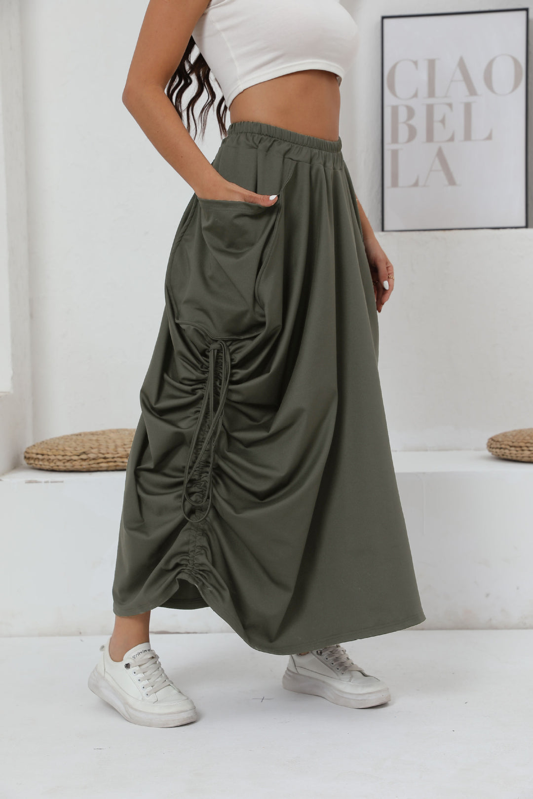 Maxi skirt for women with side gathers and practical pockets Lune London