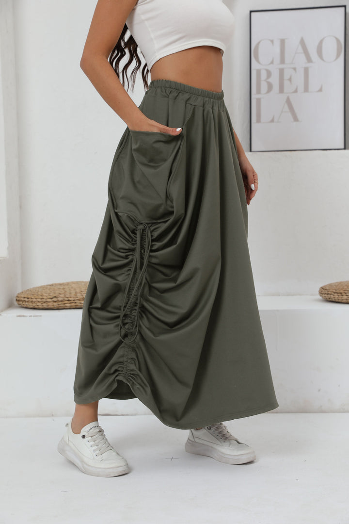 Maxi skirt for women with side gathers and practical pockets Lune London