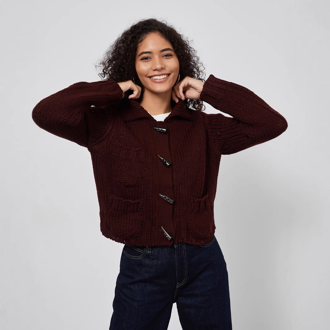 Thick knit jacket for women with decorative button details and practical pockets Lune London