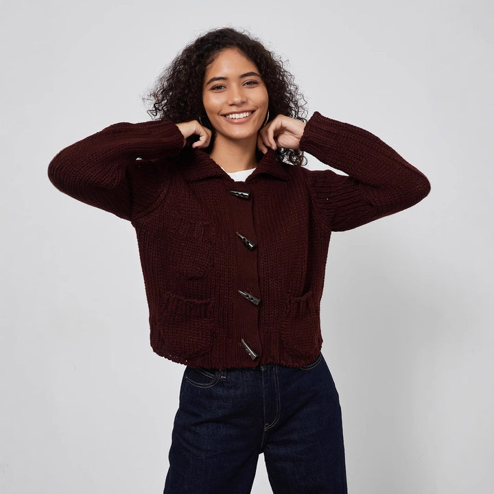 Thick knit jacket for women with decorative button details and practical pockets Lune London