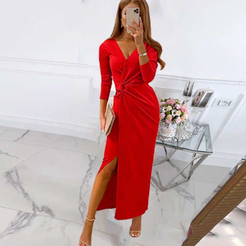 Women's Wrap Maxi Dress with Elegant Slit and Deep V-Neck Lune London
