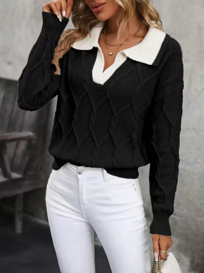 Pull en maille pour femme avec col polo classique et texture en diamant Chic & Stil